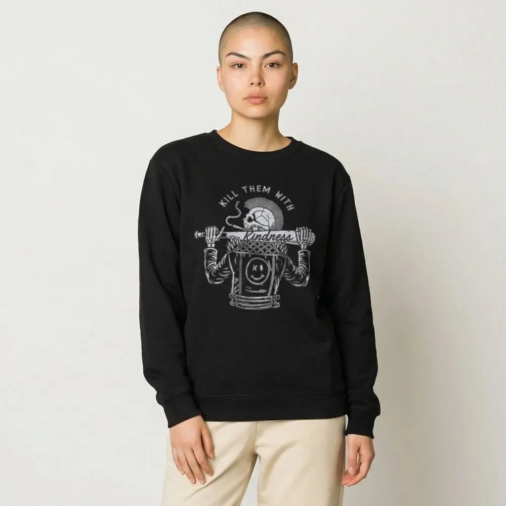 Solid Black Graphic White 'Kill Them With Kindness' Crewneck Sweatshirt size L